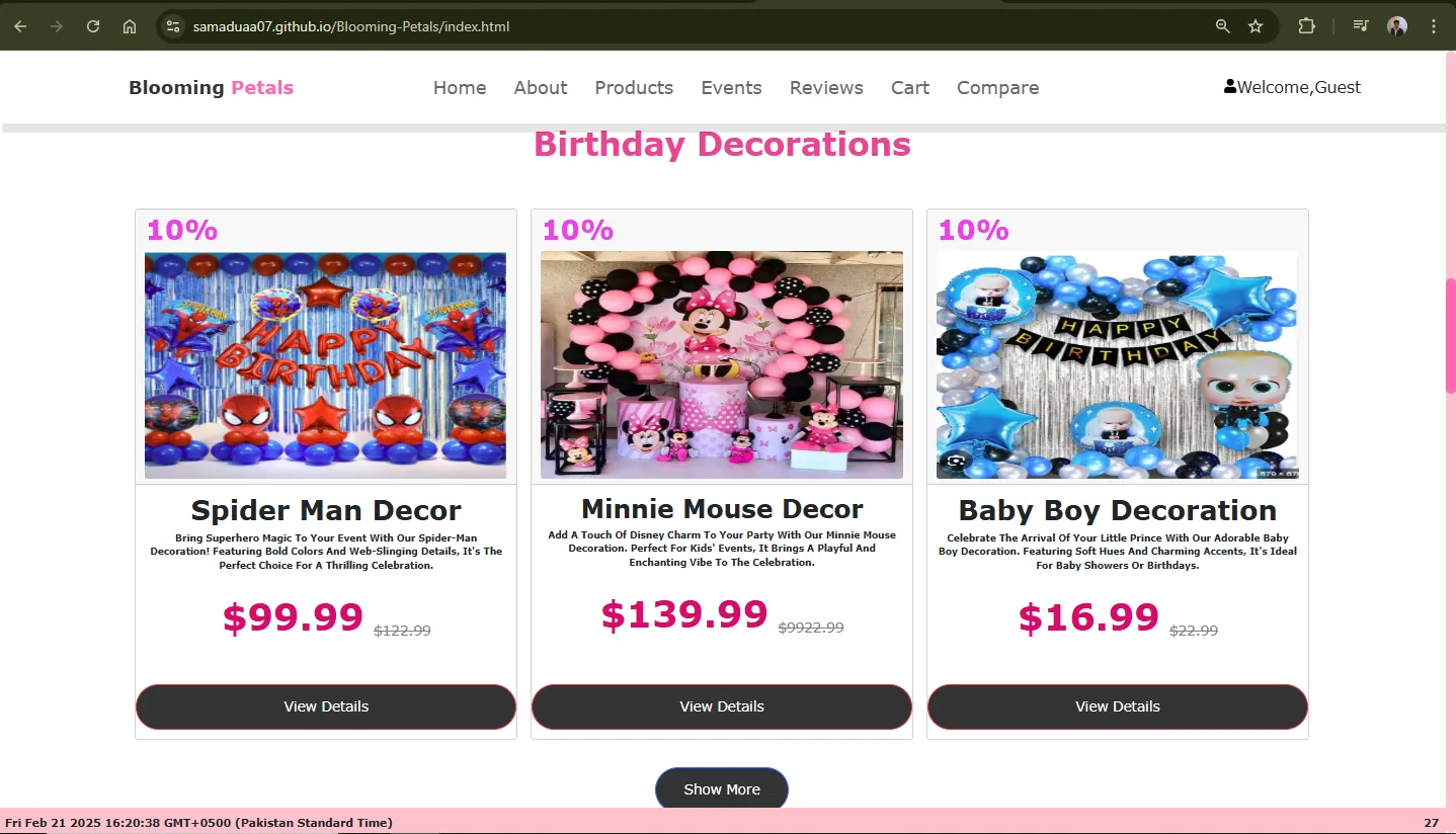 Birthday decoration section of Blooming Petals project